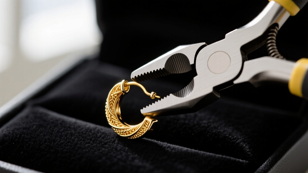 Macro shot of nylon-jaw pliers adjusting the tension gap of a 20-gauge gold ear crawler earring on a dark velvet jeweler