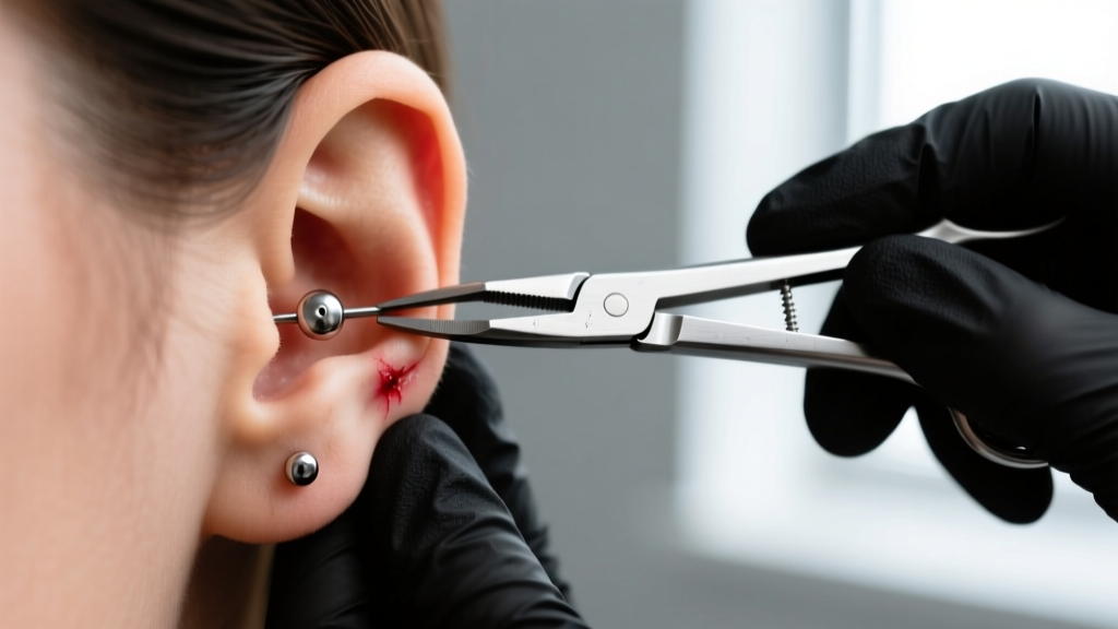 Piercer in black nitrile gloves using sterile hemostats to safely remove a stuck flat-back labret stud from ear cartilage.