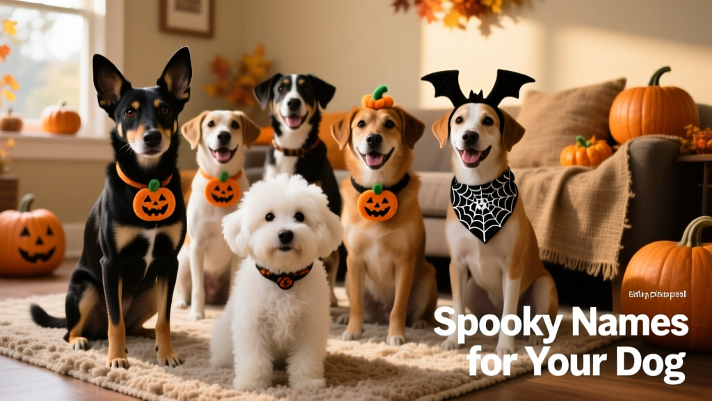 A diverse group of shelter dogs — including a sleek black terrier mix and a fluffy white pup — posing together with small, safe Halloween-themed accessories like felt bat ears and mini pumpkin collars