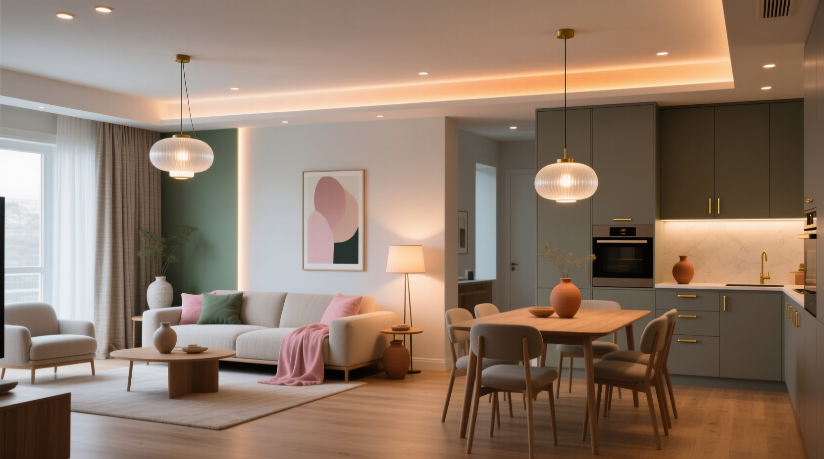 how to design a cohesive color scheme for lights and decor across multiple rooms