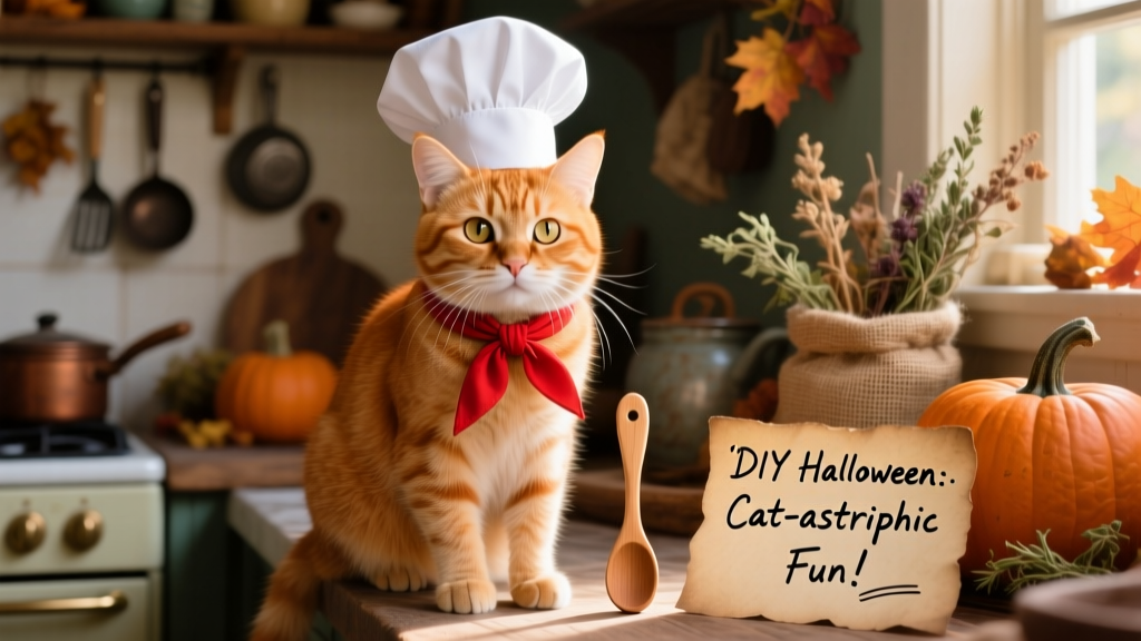 A confident ginger cat wearing a crisp white chef's hat and red neckerchief, posed beside a mini wooden spoon and recipe card