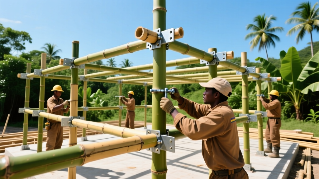 Builders assembling a bamboo rod building frame using treated Guadua poles and steel gusset plates at a bright tropical site