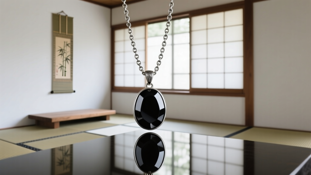 A polished hematite pendant hanging from a 30-inch oxidized silver chain, capturing a sharp reflection of a minimalist zen room.