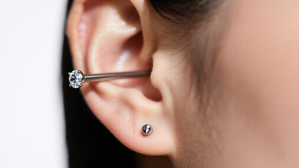 Close-up of a second lobe piercing with an 18-gauge titanium diamond stud beside a larger first-hole earring in soft light.