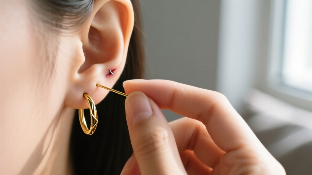Hands gently inserting a seamless gold wire-and-tube hoop earring into a healed earlobe piercing, soft natural window light
