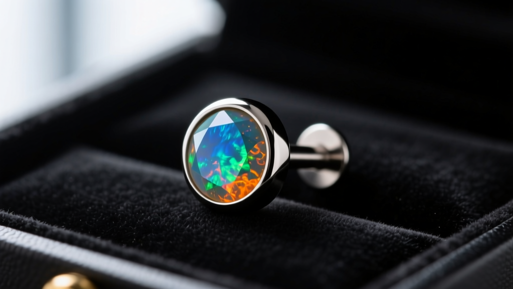 Macro shot of a 16-gauge titanium flat-back labret stud with a bezel-set opal gemstone resting on a dark velvet jewelry tray