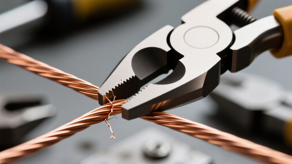 Macro view of professional flush cutters slicing 18-gauge copper wire, showing the micro-shear blade edge under warm bench lighting.