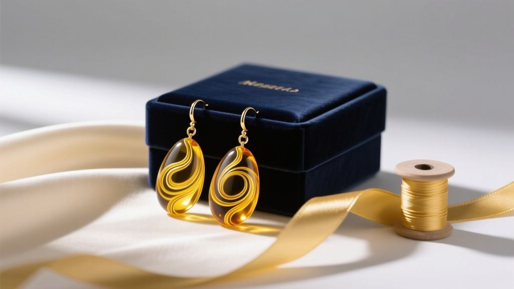 Yellow Murano glass dangle earrings resting on cream silk beside a dark velvet gift box and a small spool of shiny gold ribbon