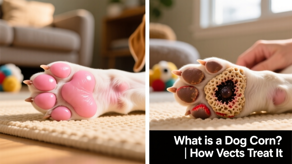 Side-by-side comparison: healthy pink paw pad versus one with a visible corn lesion