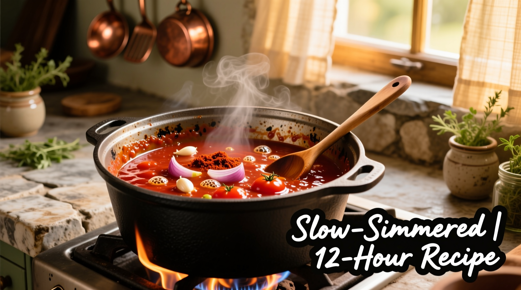 Homemade tomato BBQ sauce simmering in cast iron pot