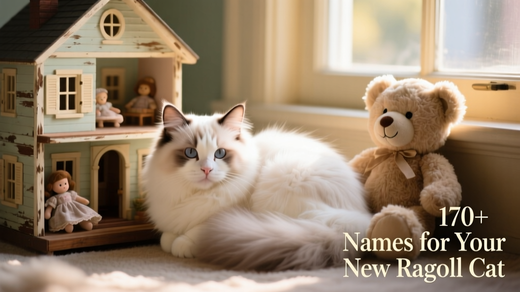 A fluffy white Ragdoll curled up beside a vintage dollhouse and a soft plush teddy bear