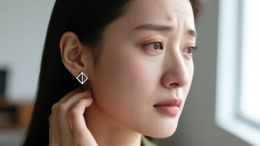 Close-up of a woman touching her earlobe in pain, soft lighting highlighting a lightweight titanium stud earring against her skin