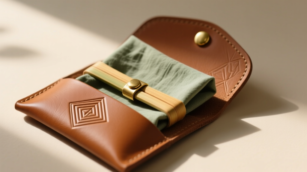 Flat lay of an eco-friendly bamboo-fiber jewelry polishing cloth inside a minimalist embossed leather sleeve with brass hardware.
