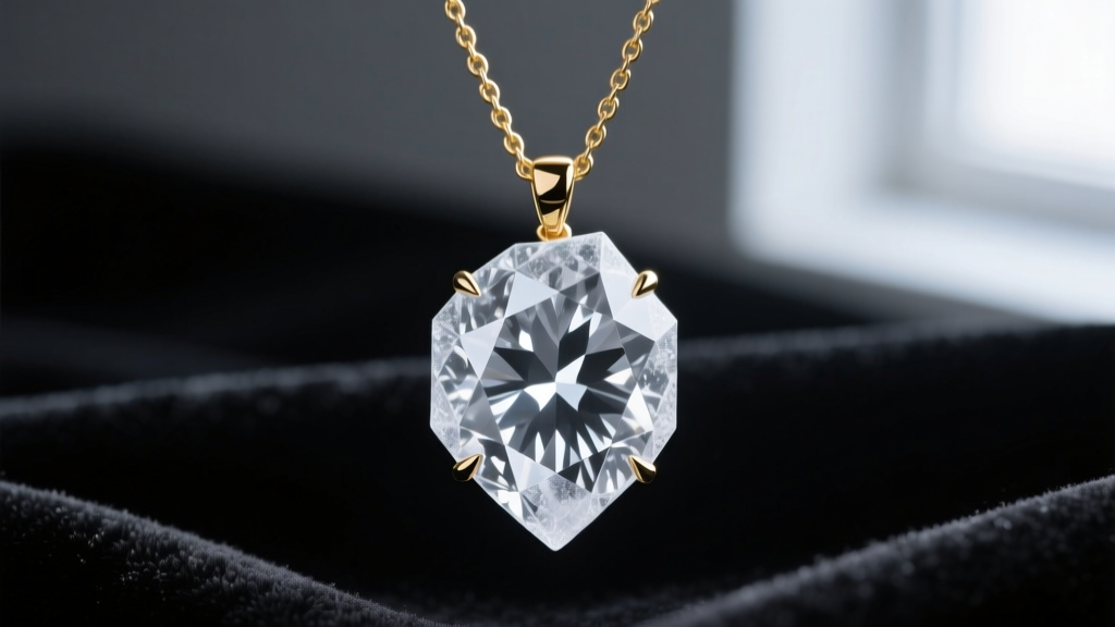 Close-up of a frost-themed raw diamond pendant on a gold chain against dark velvet, highlighting the icy, uncut crystal facets.