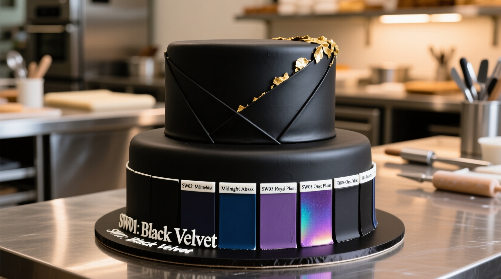 Professional black frosting on cake with color swatches