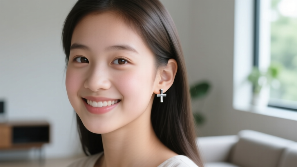 Young girl wearing small titanium cross stud earrings, smiling softly in natural window light with a softly blurred background.
