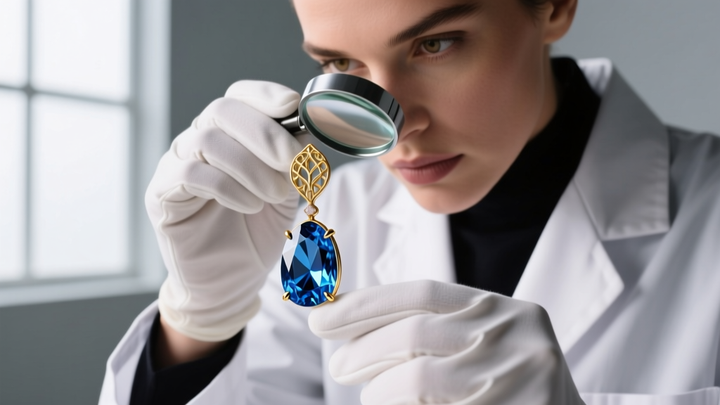 Jeweler using a loupe to inspect prong tension and cleavage planes of a Swiss blue topaz set in an 18k gold drop earring.