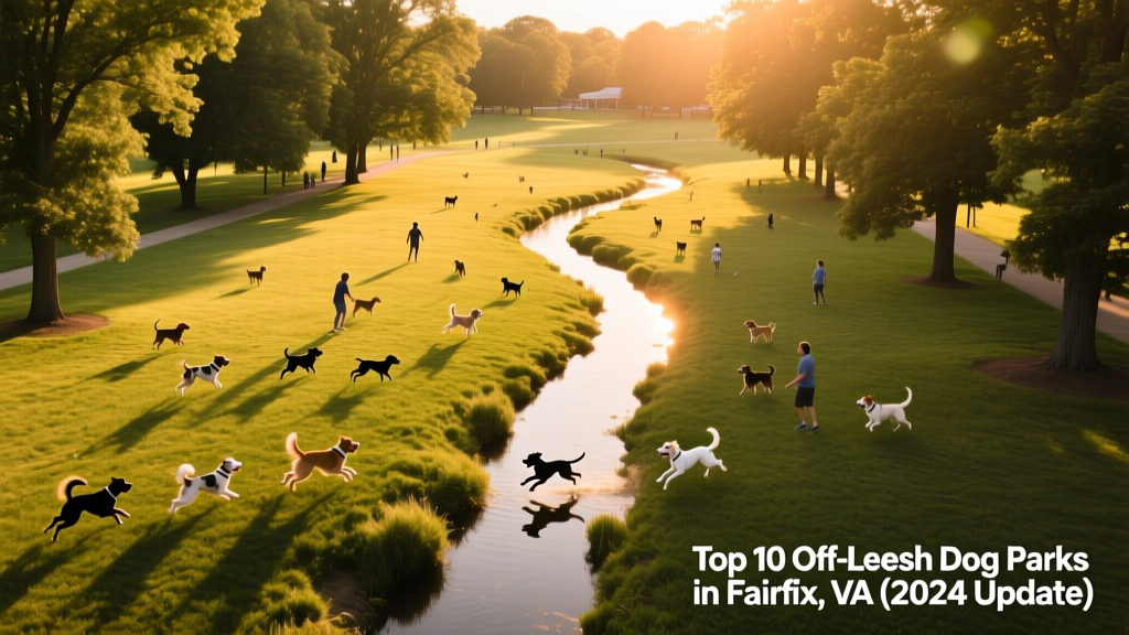 Aerial view of Glencarlyn Dog Park showing open grassy areas, tree-lined perimeter, and small creek