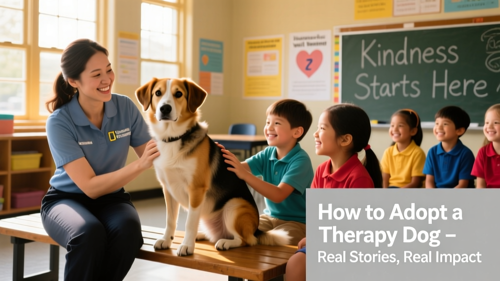 A volunteer handler and their calm, well-groomed mixed-breed dog sitting side-by-side during a school wellness event, smiling as students gently pet the dog