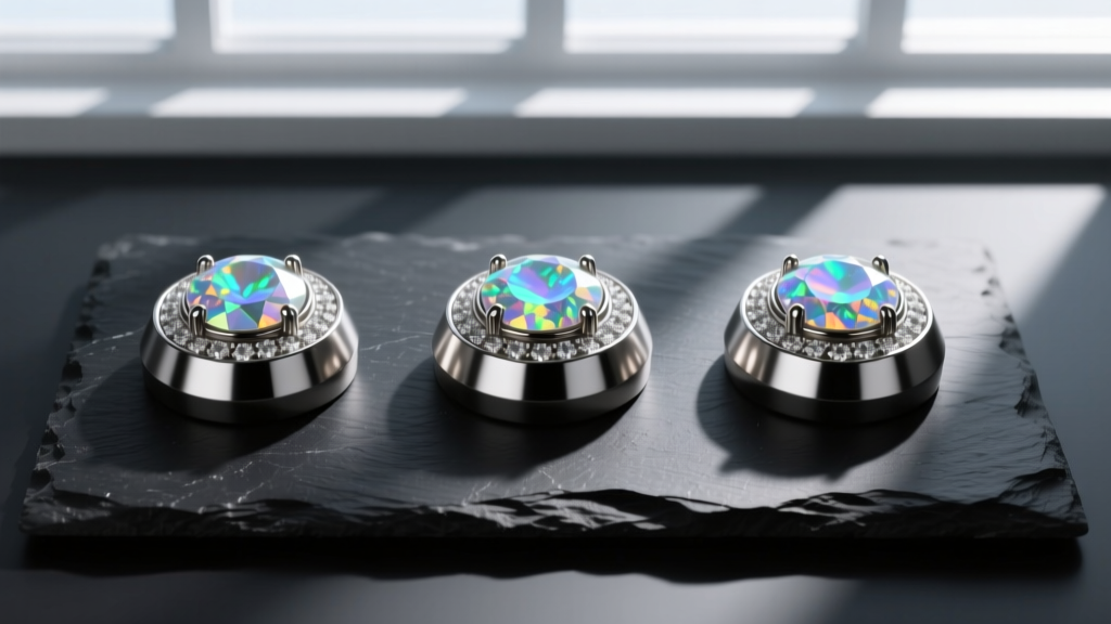 Flat lay of three implant-grade titanium dermal tops with opal inlays, arranged on dark slate, shot from directly above