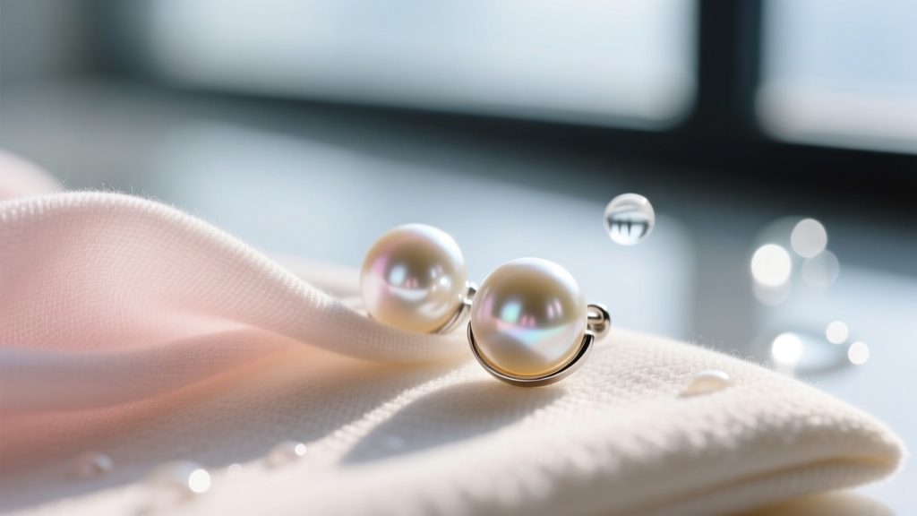 Close-up of a soft microfiber cloth gently wiping a freshwater pearl earring jacket, with distilled water blurred in the background