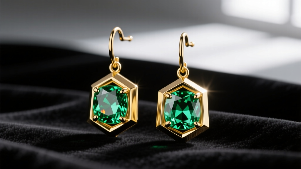 Close-up of elegant 18k yellow gold drop earrings featuring large 10-carat emerald-cut green stones, resting on black velvet.