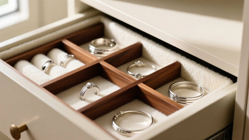 Armoire drawer interior with tarnish-resistant flannel lining and specialized wooden slots for organizing silver rings and bangles.
