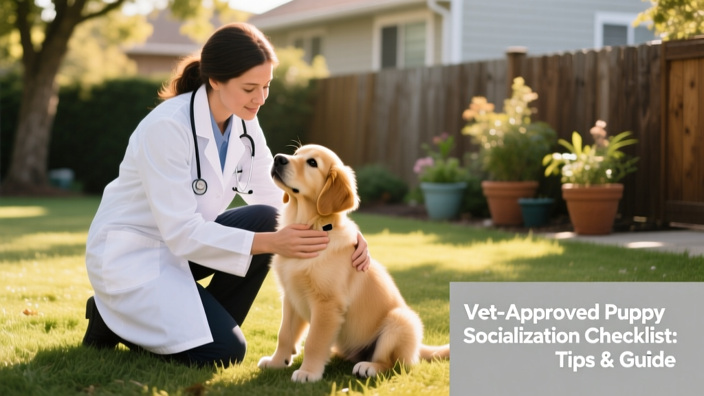 A veterinarian kneeling beside a gentle golden retriever puppy during a friendly, low-stress checkup