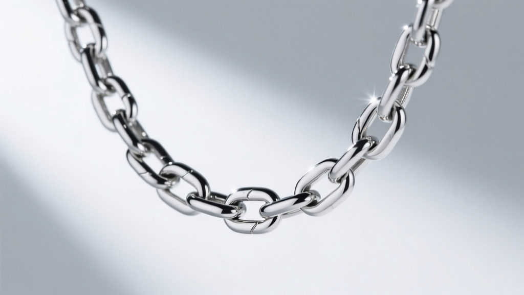 Rhodium-plated sterling silver chain reflecting cool lights, showing a highly polished, tarnish-resistant mirror finish.