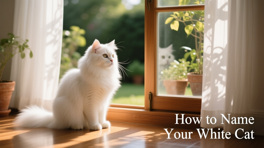 A serene white cat sitting on a sunlit windowsill, gazing calmly outward