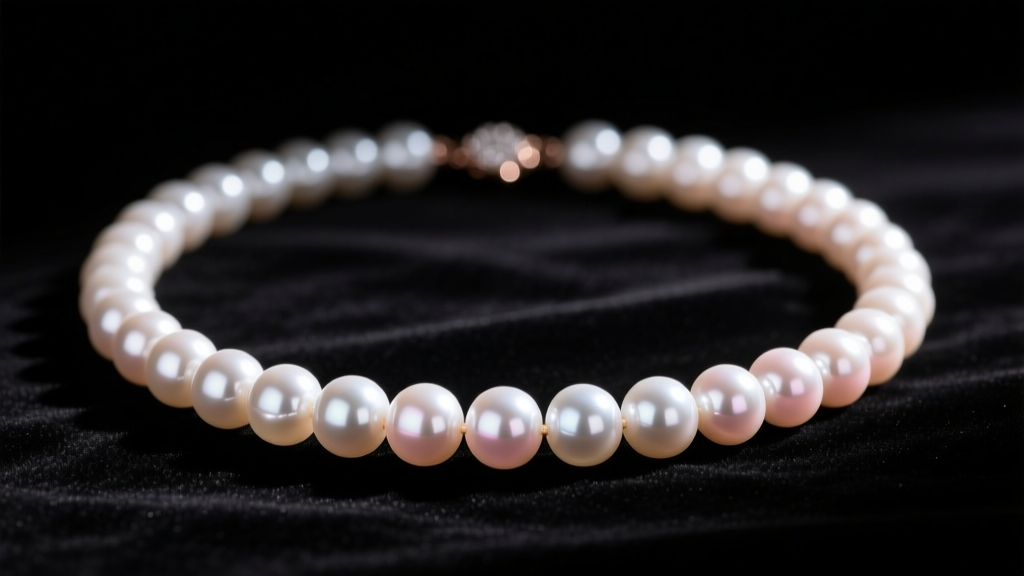 Vintage pearl necklace on dark velvet, illuminated by soft directional lighting to highlight intense mirror-like surface luster