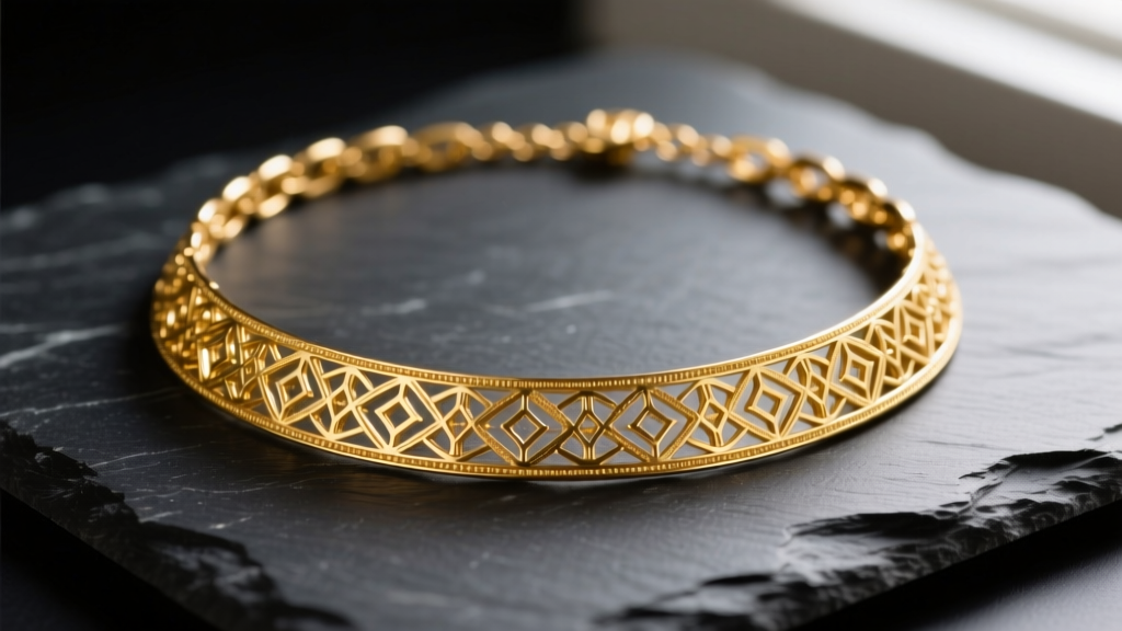 Close-up of a 24k imperial gold necklace resting on dark slate, highlighting its rich yellow hue and soft metallic luster