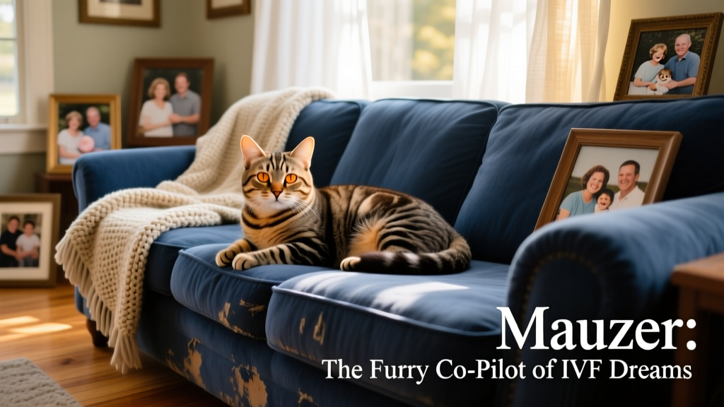 Mauzer resting peacefully on his favorite couch in the living room, surrounded by family photos