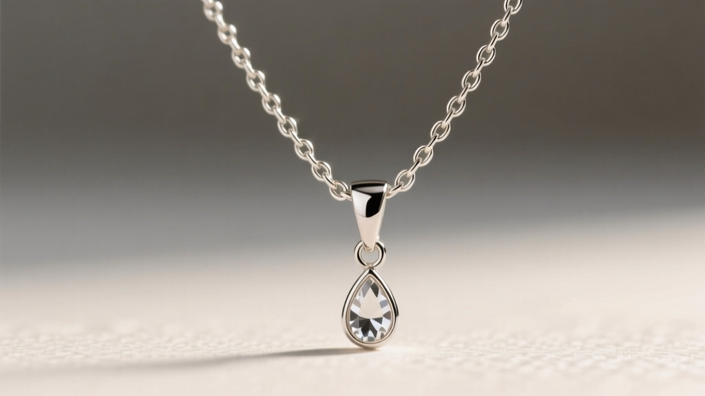 Close-up of a sterling silver necklace clasp featuring a three-inch extender chain with a small teardrop charm at the very end.