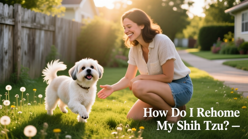 A happy Shih Tzu meeting her new family outdoors, with the owner smiling nearby