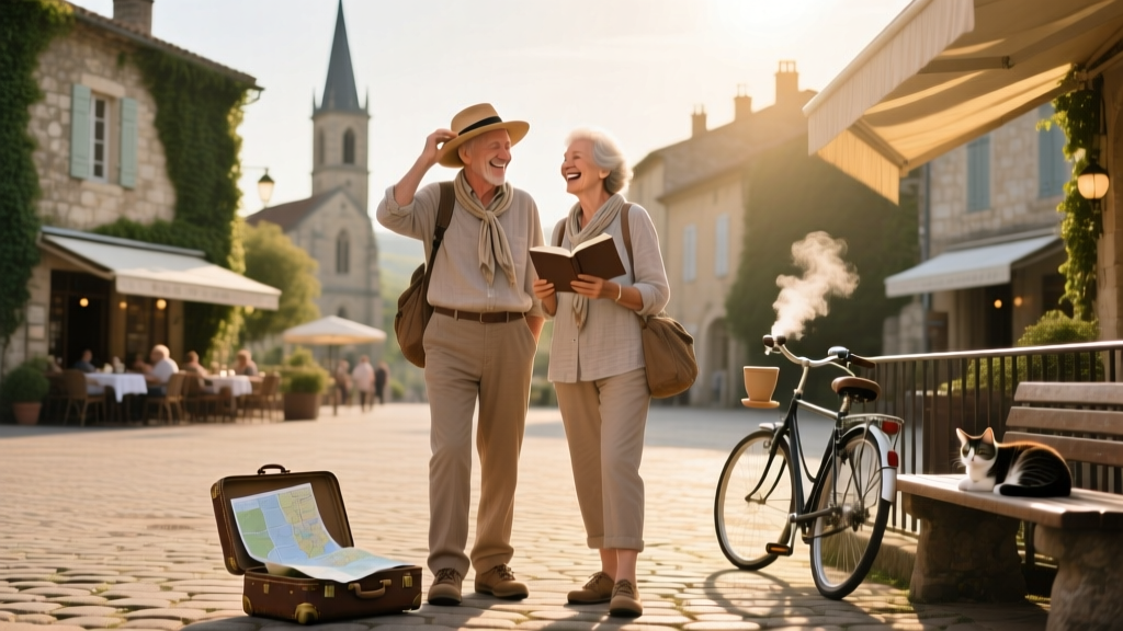 Two retired travelers posing for a photo in Europe