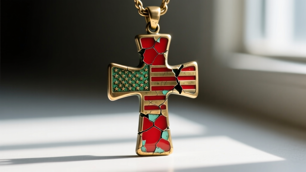 Macro view of chipped red epoxy on a brass American flag cross pendant, showing oxidized base metal beneath the damaged red inlay
