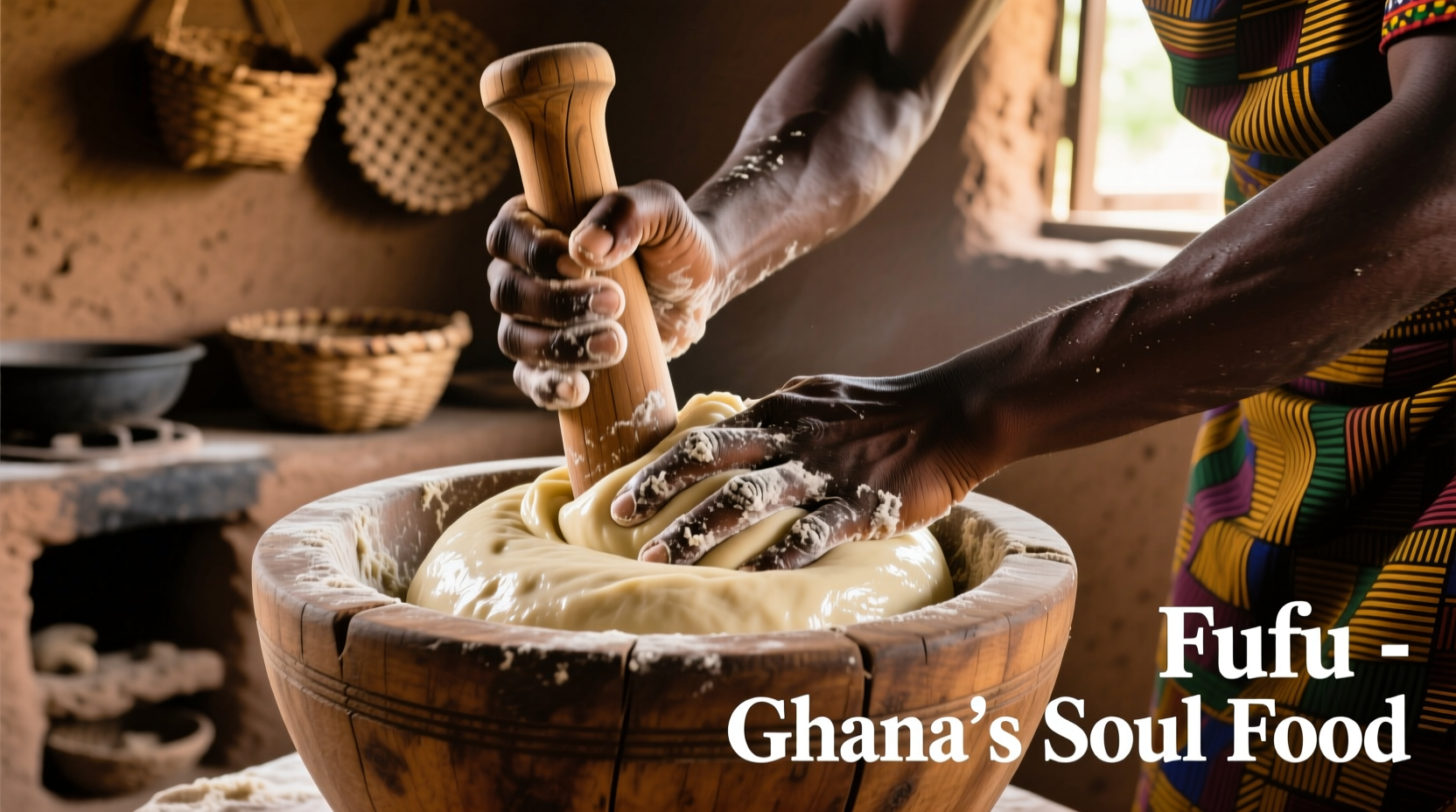Hands shaping smooth fufu dough in traditional mortar