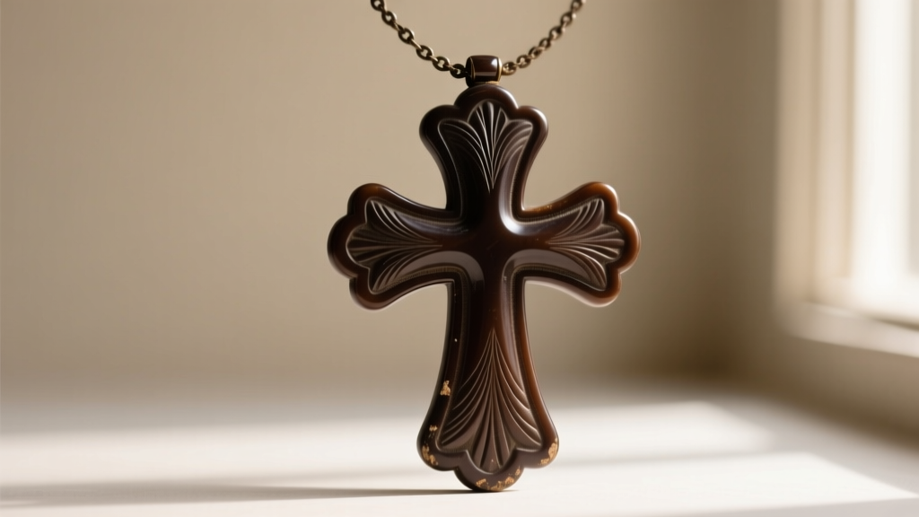 Carved vulcanite old cross necklace showing the matte brown texture and rounded edges typical of Victorian mourning jewelry pieces