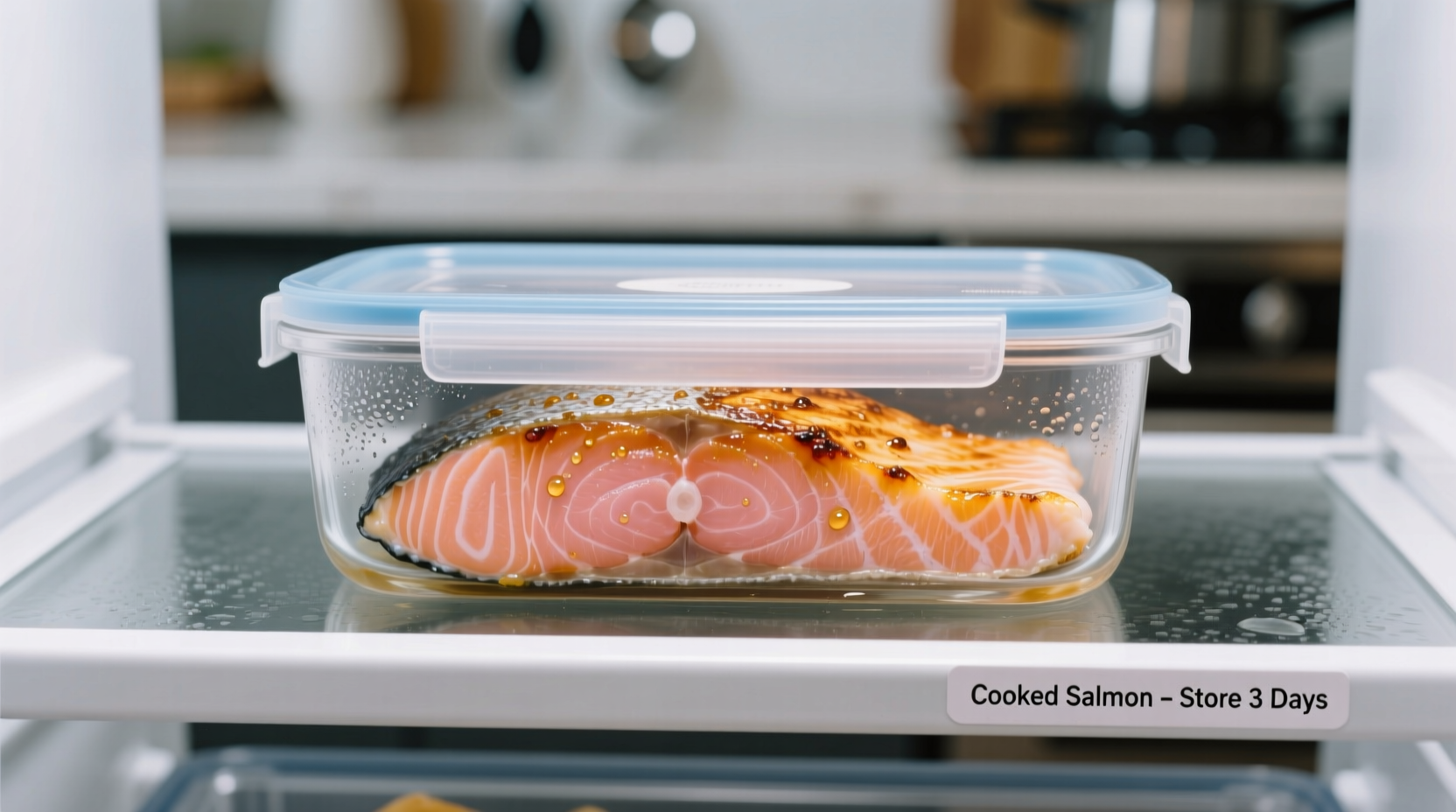 Properly stored cooked salmon in airtight container