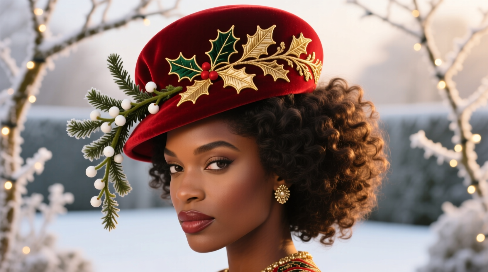 how to style a curly wig with a christmas fascinator hat