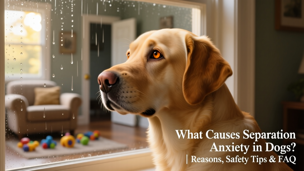 A Labrador Retriever gazing out a rain-streaked window, looking wistful but not distressed