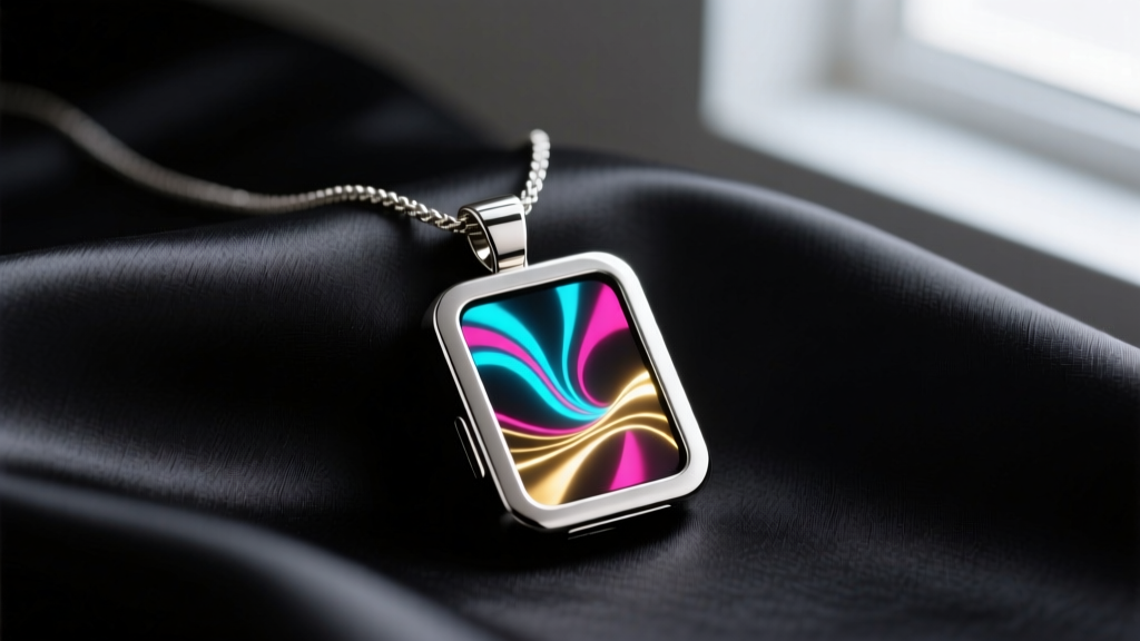 Titanium smart pendant necklace on dark silk, showing a hidden micro-OLED screen glowing with abstract generative art patterns.