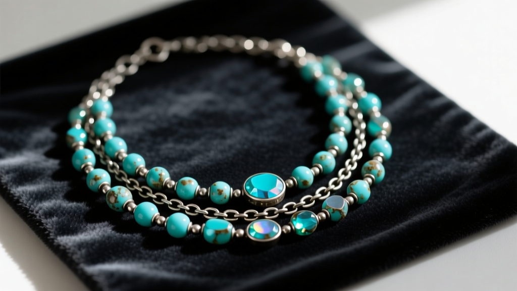 Tarnished multi-strand Charming Charlie necklace with turquoise acrylic stones resting on a dark velvet jewelry repair mat.