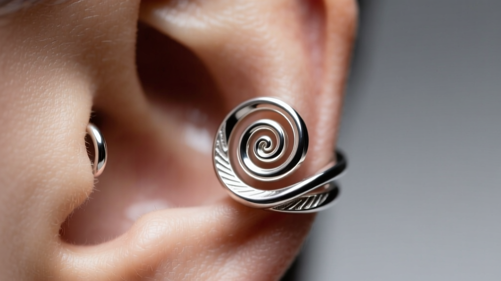 Macro photography of a polished 925 sterling silver spiral ear cuff wrapping around a helix cartilage piercing, studio lighting