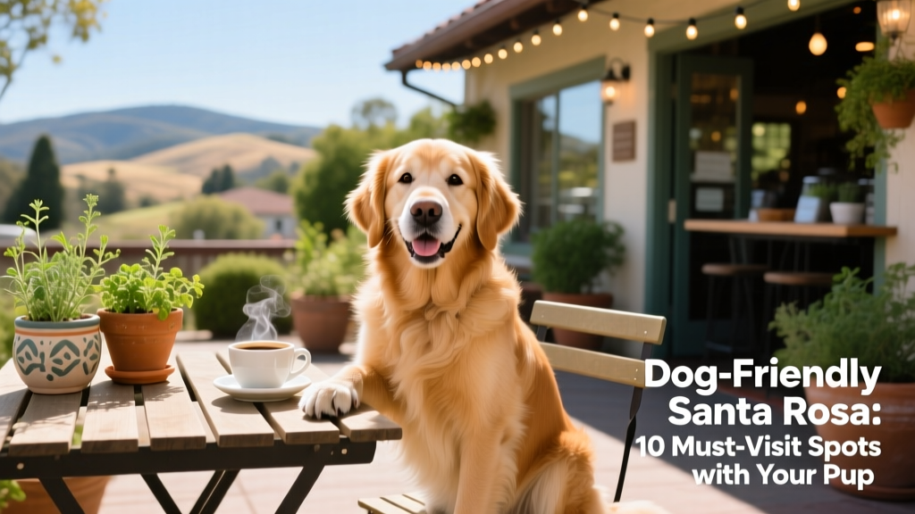 A happy dog sitting beside a table at an outdoor restaurant patio in Santa Rosa