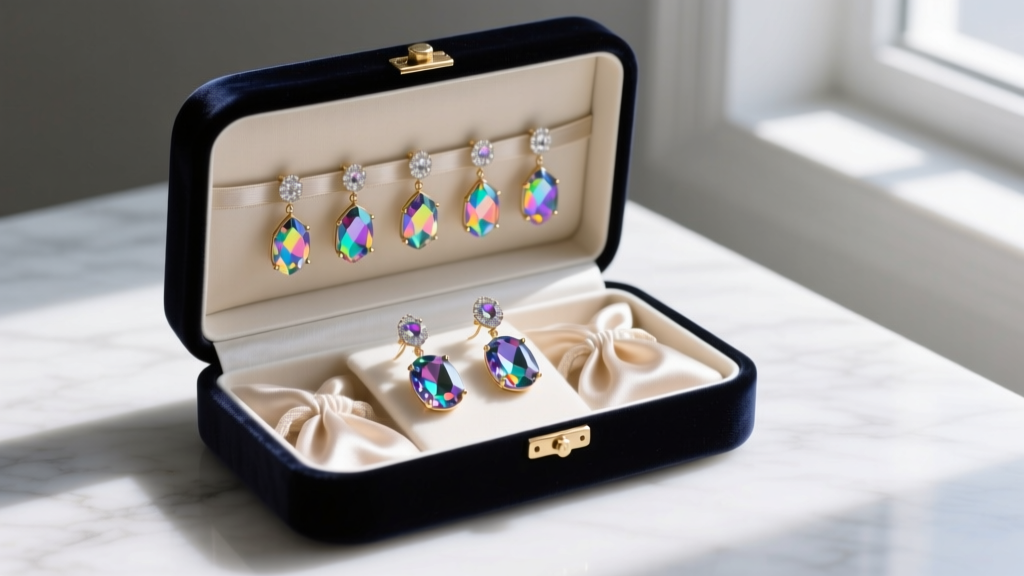 Open velvet jewelry box with anti-tarnish strips and soft pouches storing light-catching iridescent gemstone earrings.