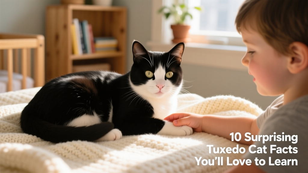 A joyful tuxedo cat curled beside a child’s hand, both resting on a soft blanket, symbolizing trust and companionship