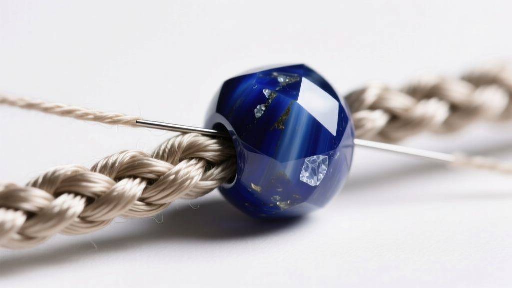 Macro shot of braided raw silk cord threading through a polished lapis lazuli bead, highlighting the textile weave and gemstone surface