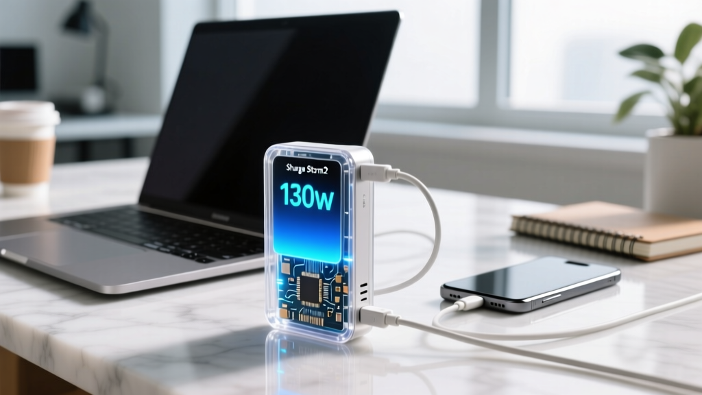 Transparent Sharge Storm2 power bank displaying 130W output on its IPS screen while charging a laptop and smartphone simultaneously